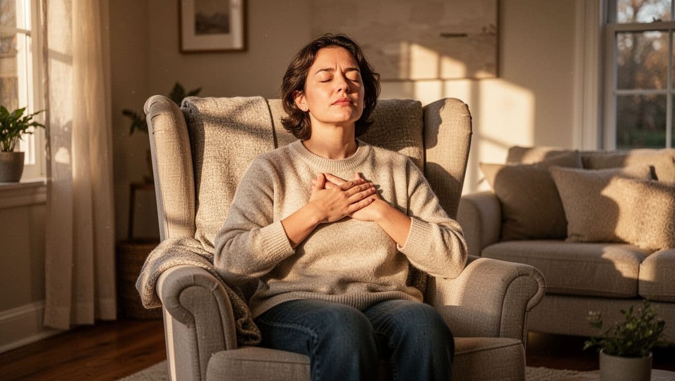 One person sits in living room chair, hand on heart, eyes closed, warm light from window.
