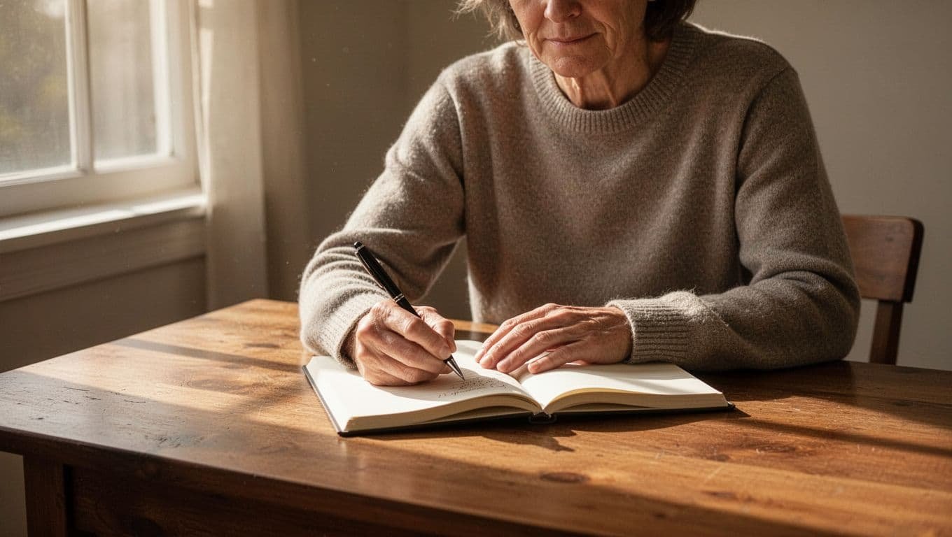One person writes relaxed in an open journal at a wooden desk in a quiet sunlit room.