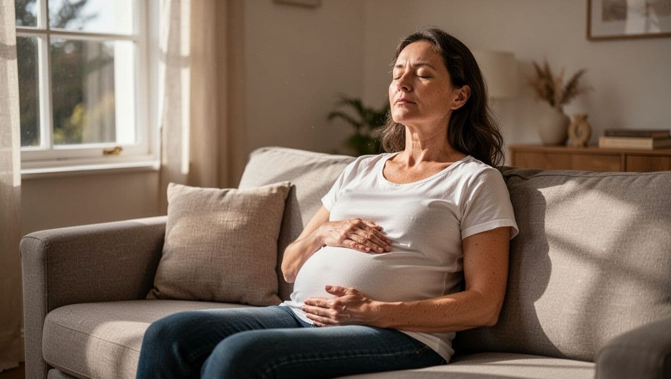 Person sits on couch with eyes closed, one hand on belly, relaxed posture in living room with window light.