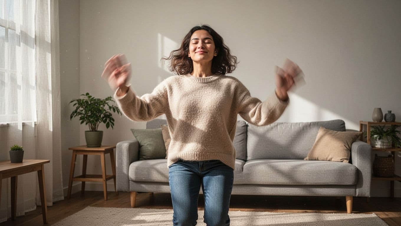 One person in a home living room gently shakes loose arms mid-motion with relaxed face and slight body bounce.