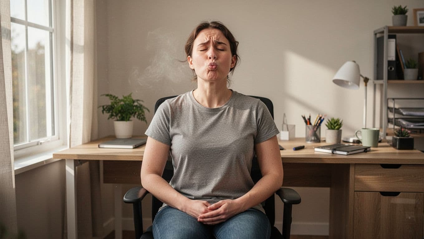 Person at home office desk exhales slowly through pursed lips, chest expanded, face relieved, shoulders relaxed.