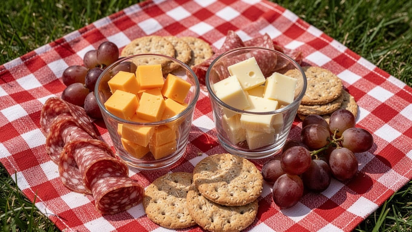 Top view of two clear glass cups with cubed cheddar, gouda, salami slices, wheat crackers, red grapes on checkered picnic blanket in grass.