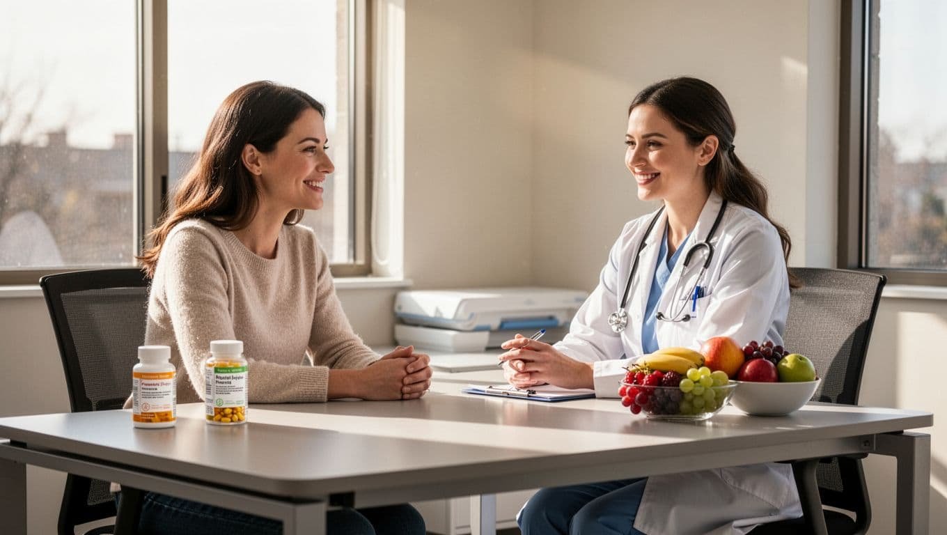 A healthy woman in her late 20s early 30s sits smiling calmly with a female doctor in a bright modern doctor's office, discussing preconception health with prenatal vitamins and fruit bowl on the desk.
