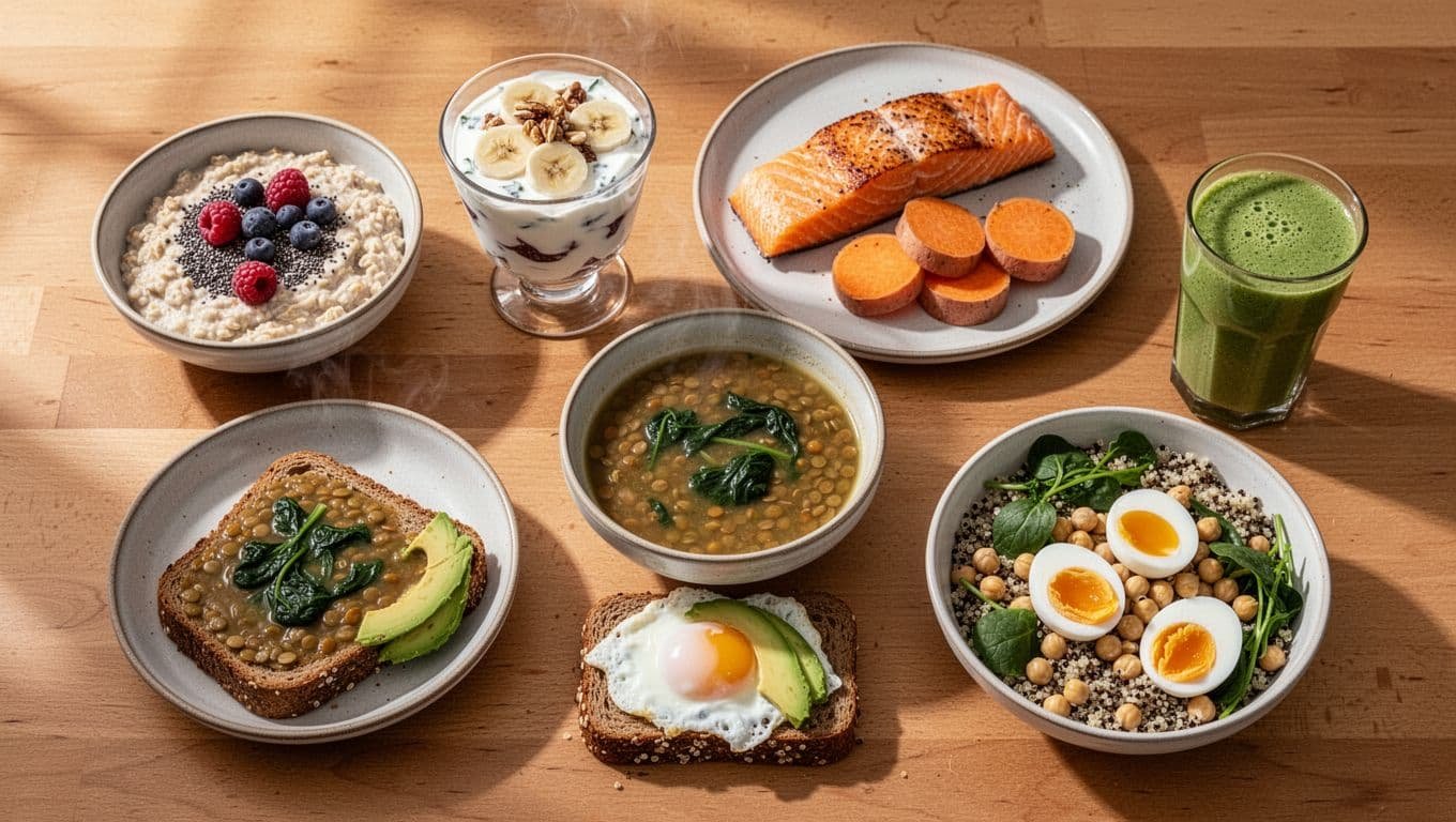 Top view of seven simple pregnancy power food meals arranged on a wooden kitchen table: oatmeal with berries and chia seeds, Greek yogurt parfait with banana and nuts, baked salmon with sweet potato, lentil soup with spinach, egg sandwich with avocado, green smoothie, and quinoa bowl with chickpeas, greens, and eggs.