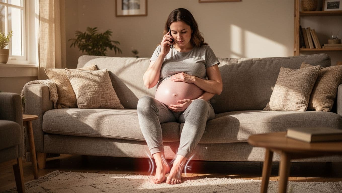 Pregnant woman in third trimester sits on couch in cozy living room, concerned as she checks sudden swelling in ankles and feet, holding phone to call doctor, natural daylight, realistic photo.