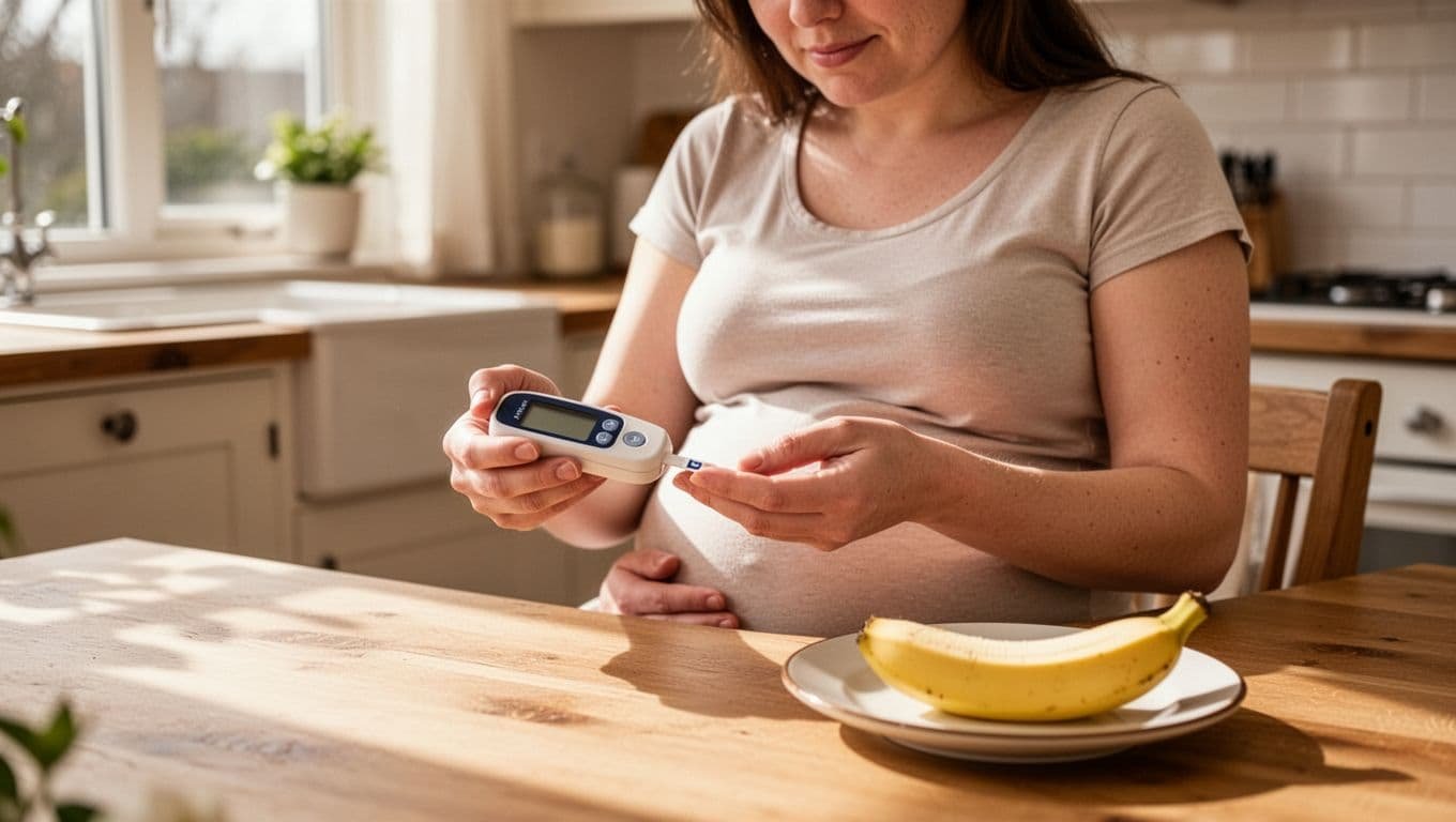 A pregnant woman in a cozy home kitchen uses a glucometer to monitor her blood sugar after eating a banana slice, captured in natural daylight with a focus on her calm routine.