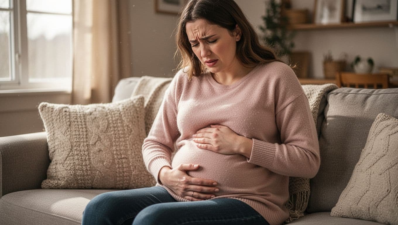 A pregnant woman sits uncomfortably on a couch in a soft-lit living room, clutching her upper stomach with a pained expression due to heartburn.