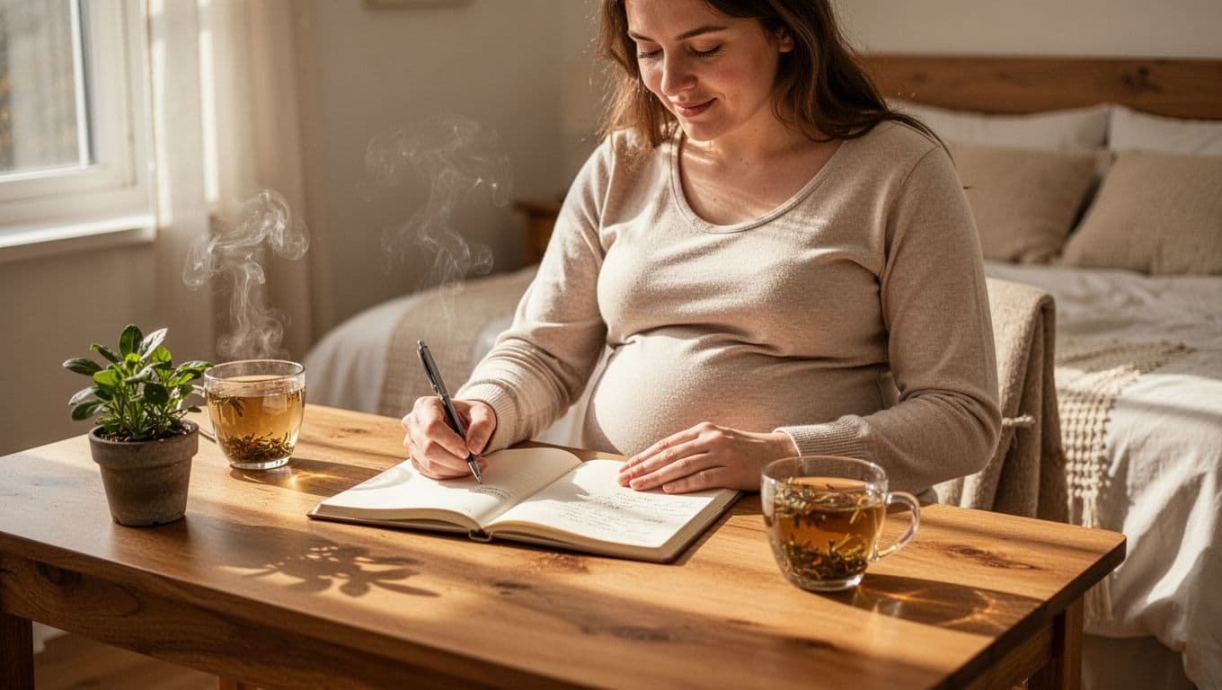 Pregnant woman in comfortable maternity clothes sits at a wooden desk in a bright cozy bedroom, gently writing in an open notebook with relaxed hands, gentle focused expression, herbal tea and plant nearby, soft natural light.