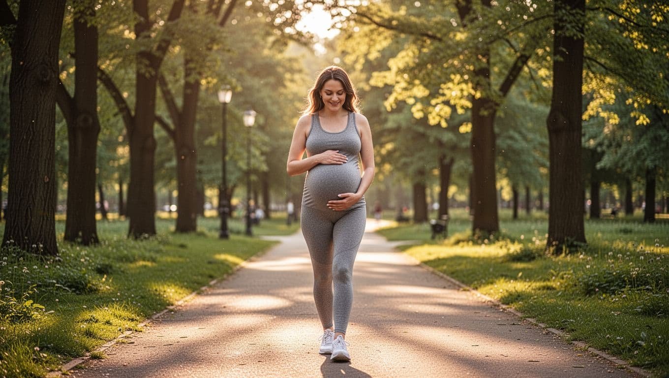 A pregnant woman in comfortable maternity activewear walks relaxed on a sunny park path during golden hour, hand on belly with a gentle smile, surrounded by trees and greenery in a realistic lifestyle photo.