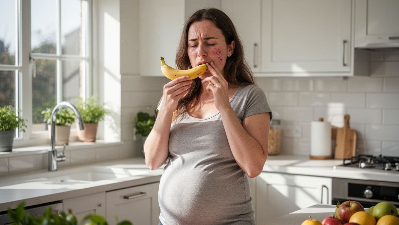A pregnant woman stands in a bright kitchen holding a banana near her mouth, displaying a mild itching expression while gently touching her lips with her hand. This realistic photo captures a subtle allergic reaction to banana, relevant to latex fruit syndrome.
