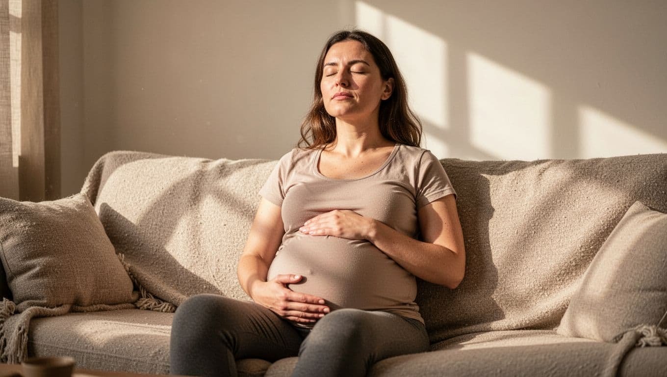 A pregnant woman in her second trimester sits relaxed on a cozy couch in a sunlit living room, eyes closed practicing deep breathing mindfulness with hands gently on her belly, peaceful calm expression in warm natural light.