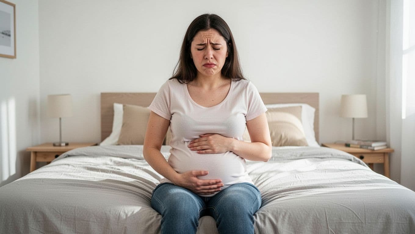 A pregnant woman in early pregnancy sits on a bed looking nauseous while holding her stomach in a light room. Realistic photo with exactly one person, no food or text visible.