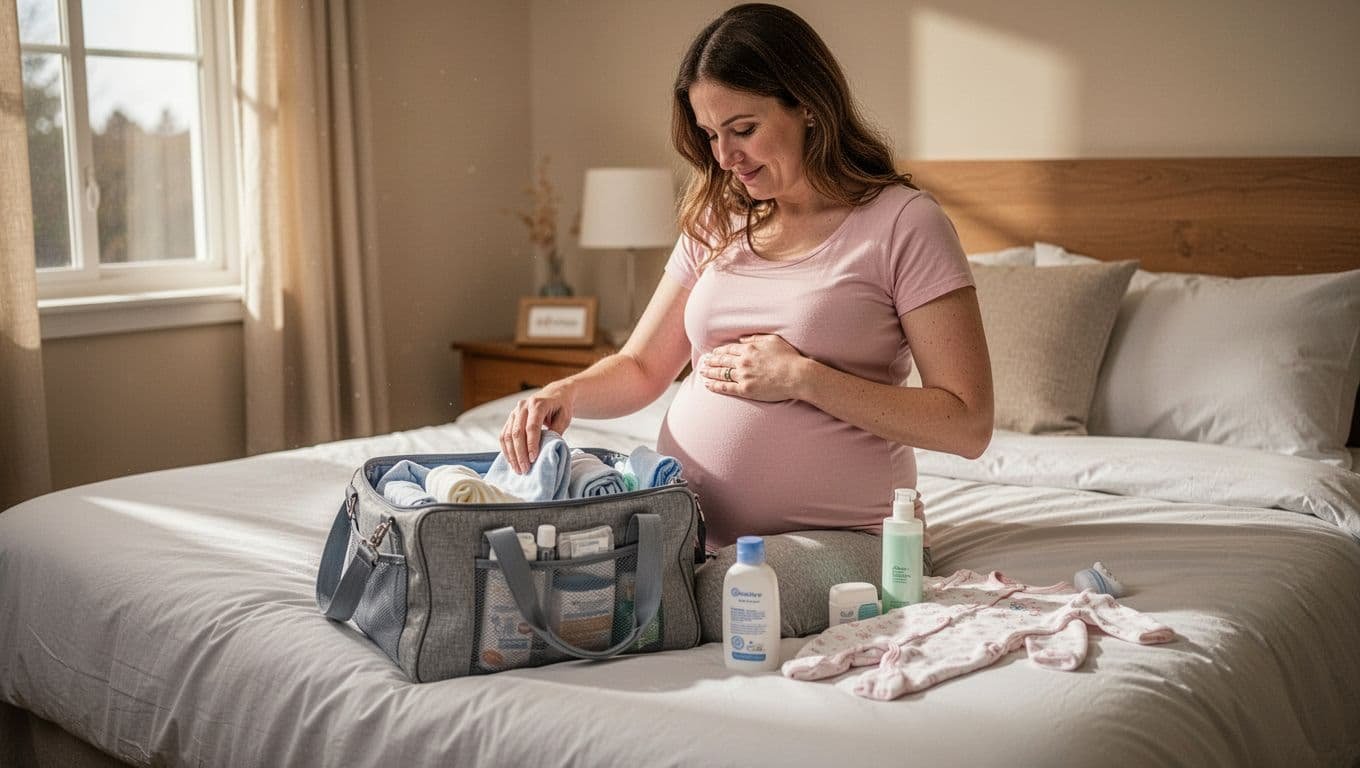 Third-trimester pregnant woman packs hospital bag on bedroom bed with clothes, toiletries, and baby outfit visible, hand on belly.