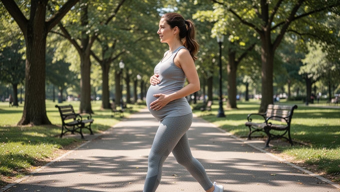 Pregnant woman in athletic wear walks briskly on sunny park path, hand on belly, side view with trees and benches behind.