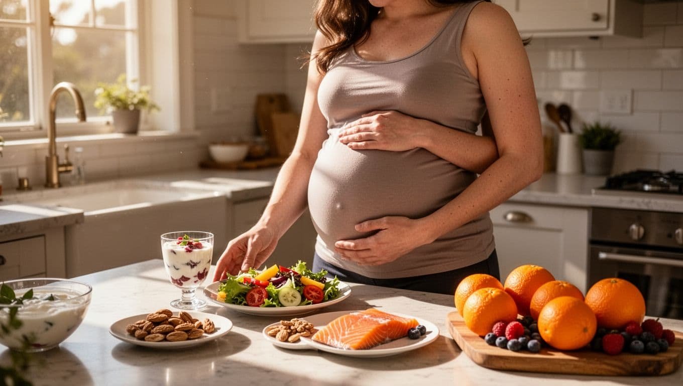 Pregnant woman stands in sunny kitchen arranging plate of salad, yogurt parfait, nuts, salmon, oranges, and berries with hand on belly.