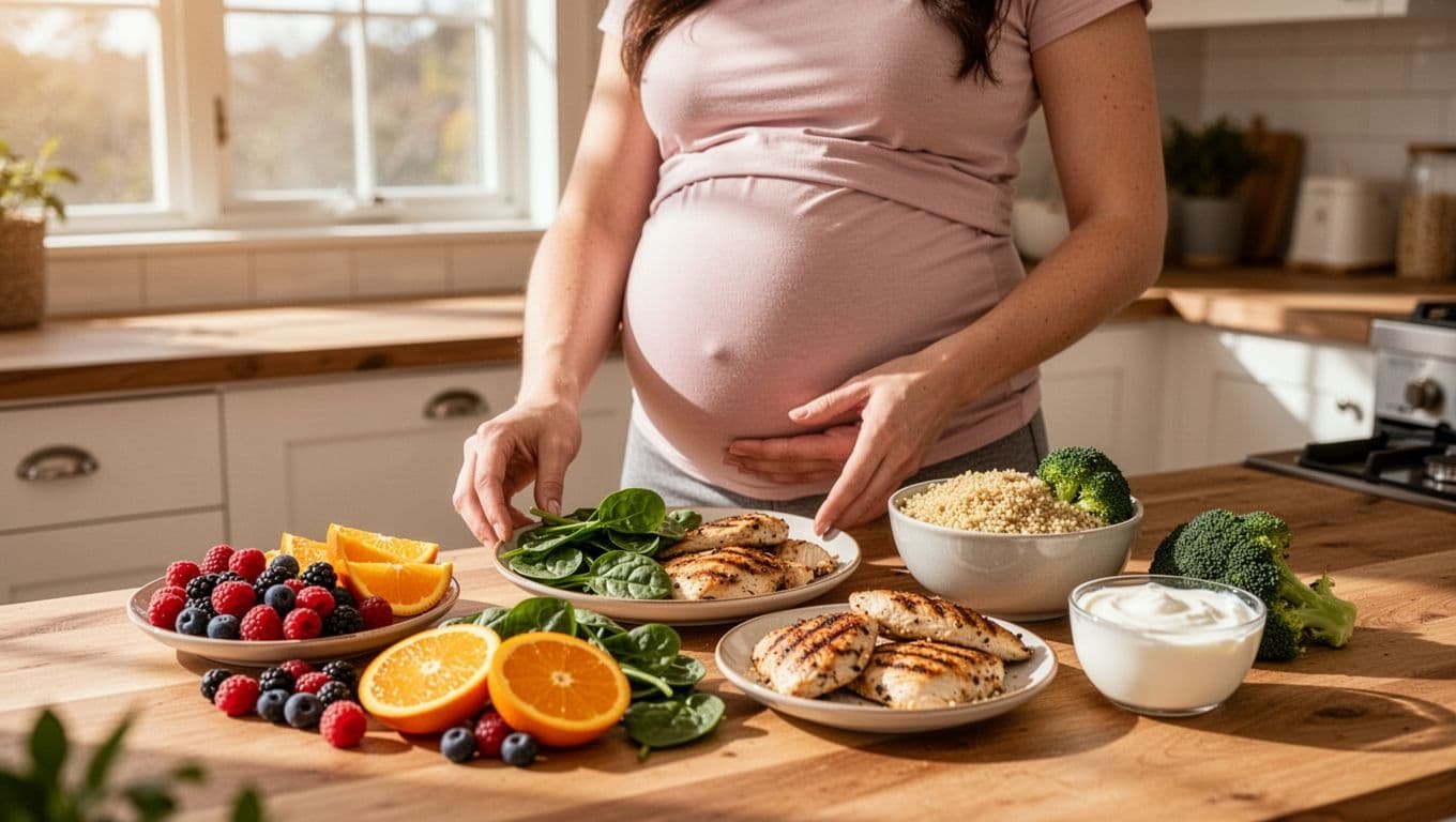 A pregnant woman in her second trimester stands in a bright home kitchen arranging a nutritious balanced meal featuring colorful fruits, green vegetables, whole grains, and lean proteins on a wooden counter. The realistic photo captures natural daylight and a warm inviting atmosphere with exactly one person present.