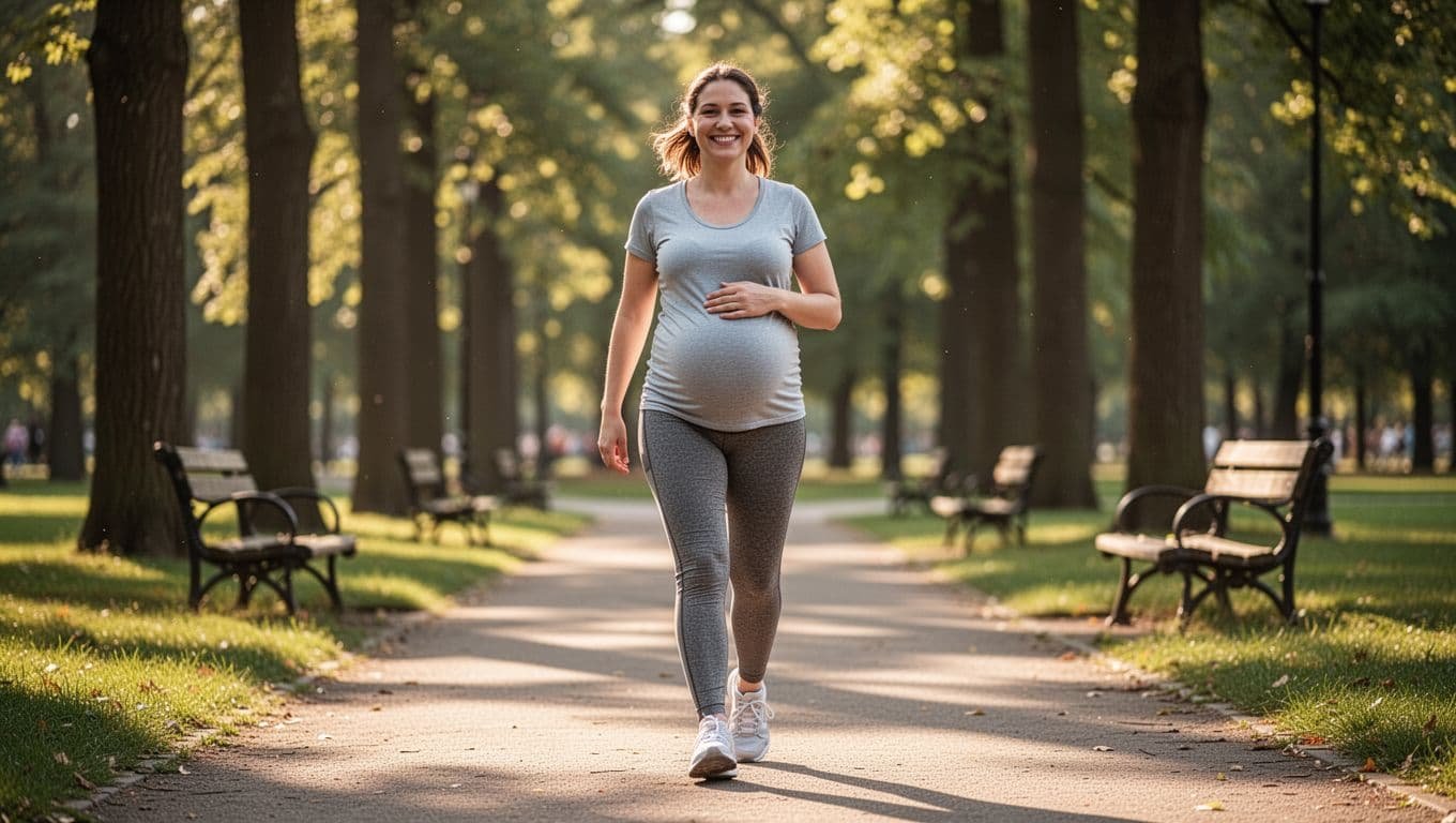 A pregnant woman in her second trimester walks briskly on a sunny park path, smiling relaxed in comfortable athletic clothes and sneakers, with trees and benches in the soft background.