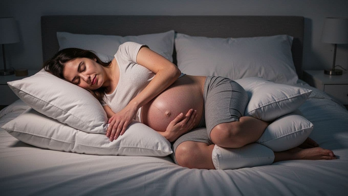 A pregnant woman rests peacefully on her side in a dimly lit bedroom, supported by pillows under her belly and between her knees for optimal comfort during pregnancy.