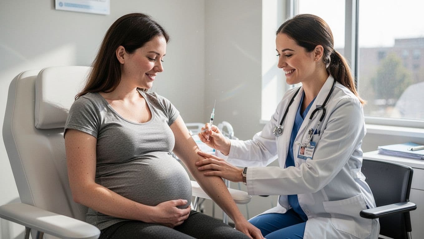 A third-trimester pregnant woman sits calmly in a modern doctor's office as a smiling female doctor administers a Tdap vaccine injection in her upper arm, illuminated by bright natural window light in a reassuring medical atmosphere.