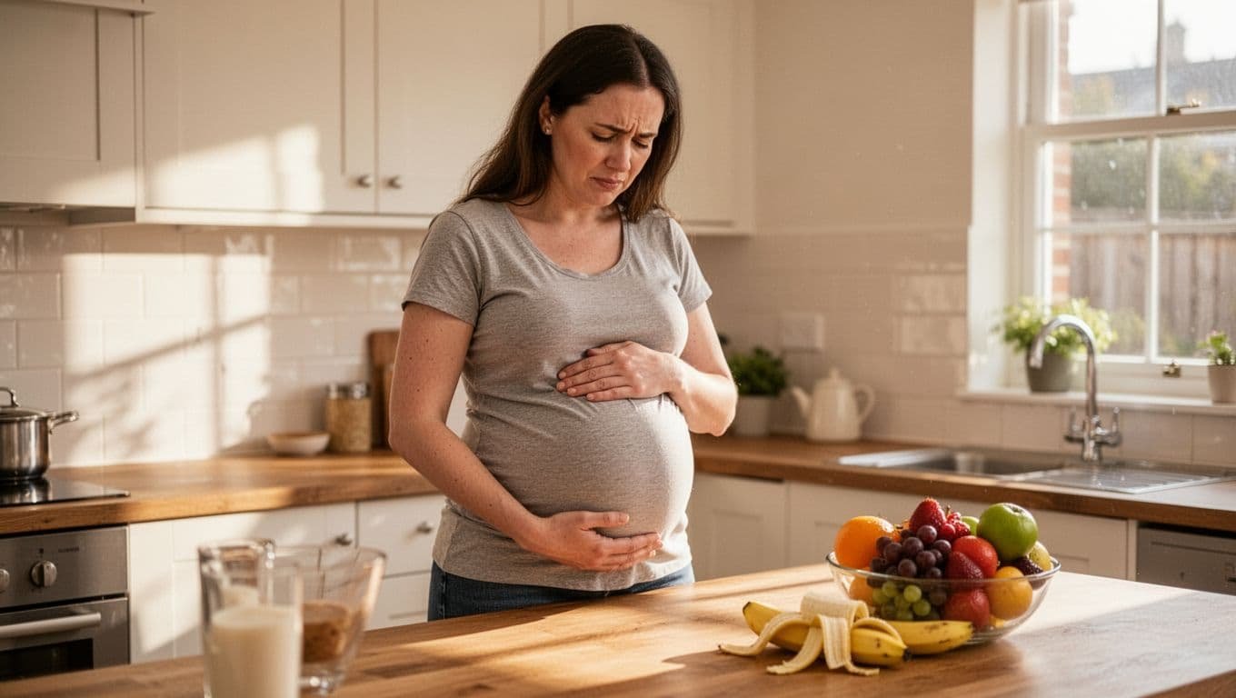 A third-trimester pregnant woman stands in a kitchen, gently cradling her bloated belly with a mild discomfort expression, surrounded by fresh fruits including a nearby banana peel, captured in realistic photo with warm natural light.