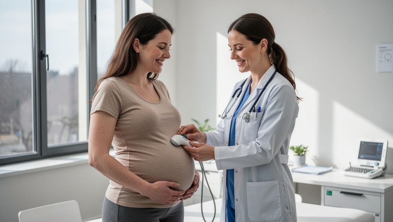 A pregnant woman in her comfortable second trimester attends a routine prenatal checkup in a modern bright doctor's office. The female obstetrician uses a handheld Doppler to listen to the fetal heartbeat on her belly, both smiling calmly with natural window light.