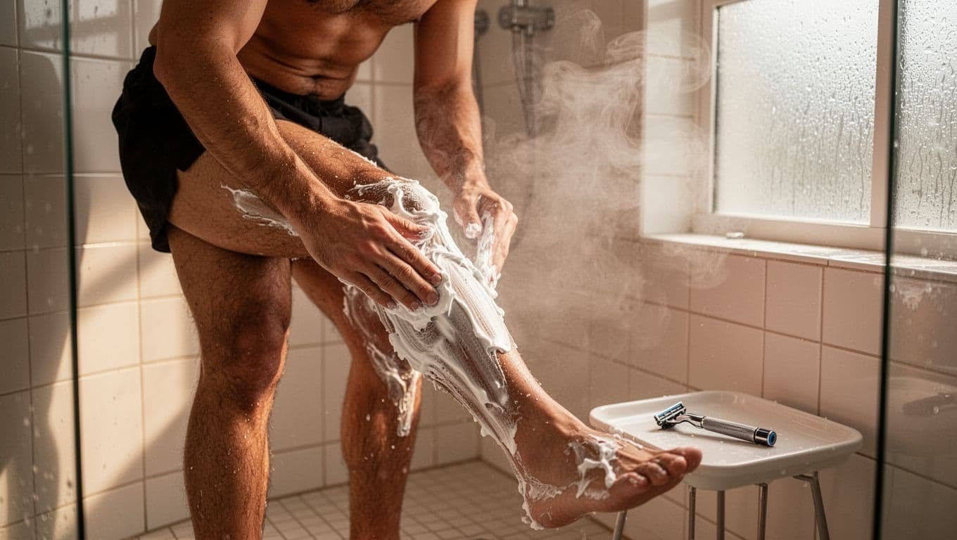 A man stands in a steamy shower after warm water, applying shaving cream to his legs with a sharp razor nearby on a tiled bathroom floor, showcasing the correct technique to avoid skin irritation.