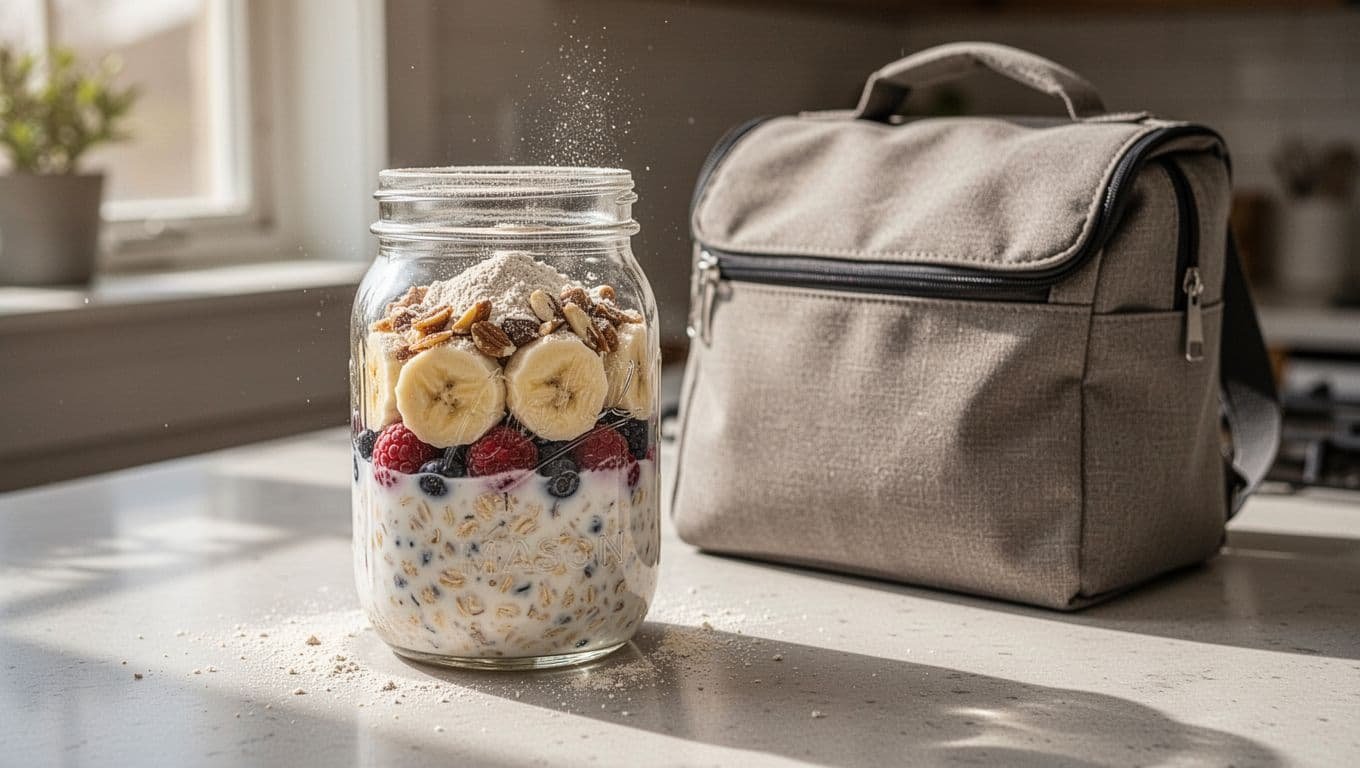 Layered mason jar of protein-packed overnight oats with oats in milk at the bottom, fruits like banana and berries in the middle, topped with nuts and protein powder, focused on kitchen counter beside work lunch bag in natural morning light.