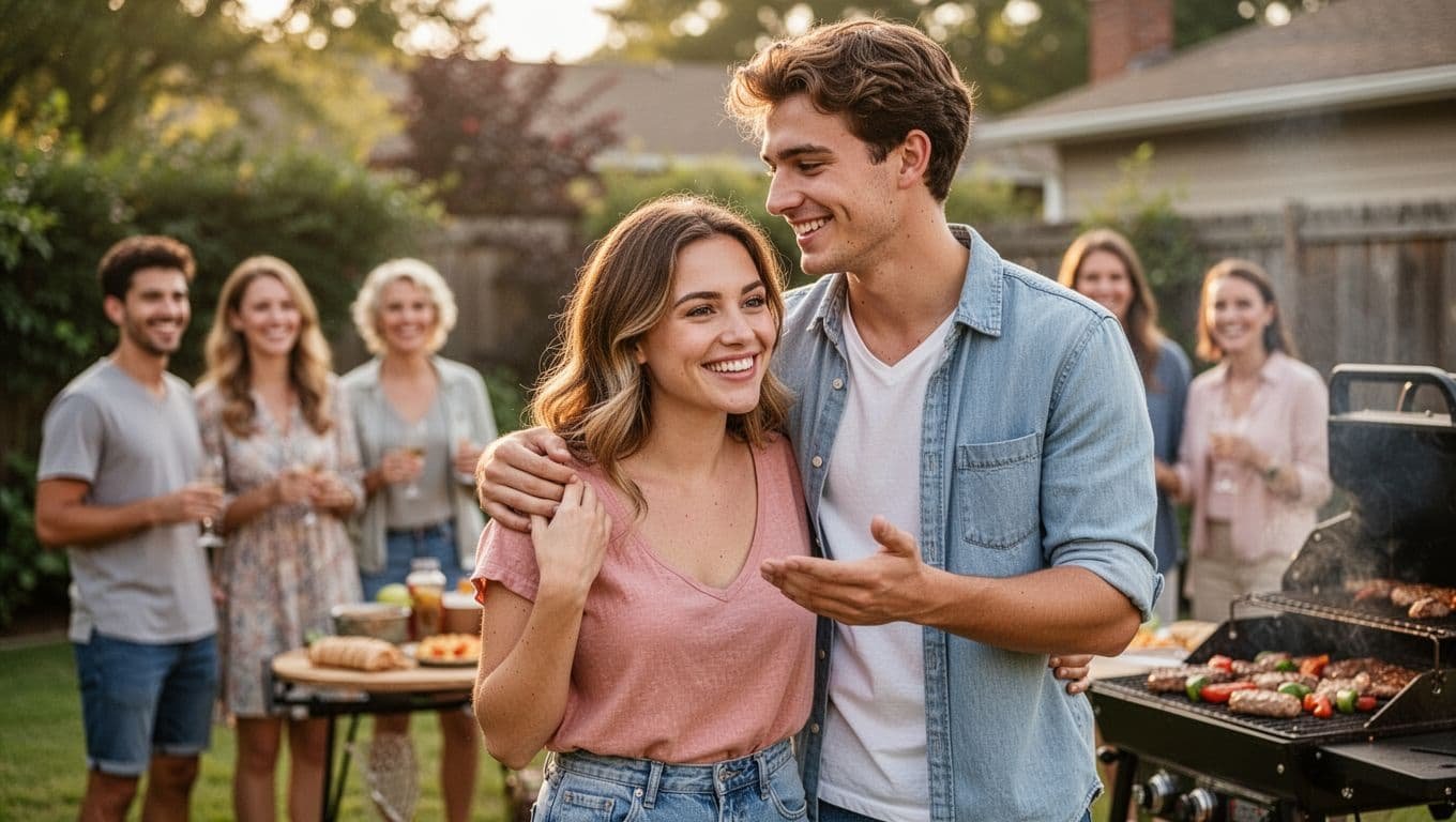 Happy young couple at a casual daytime backyard barbecue with smiling friends and family blurred in the background. The man stands proudly with his arm around the woman's shoulders, introducing her openly in summer casual clothes under natural daylight.