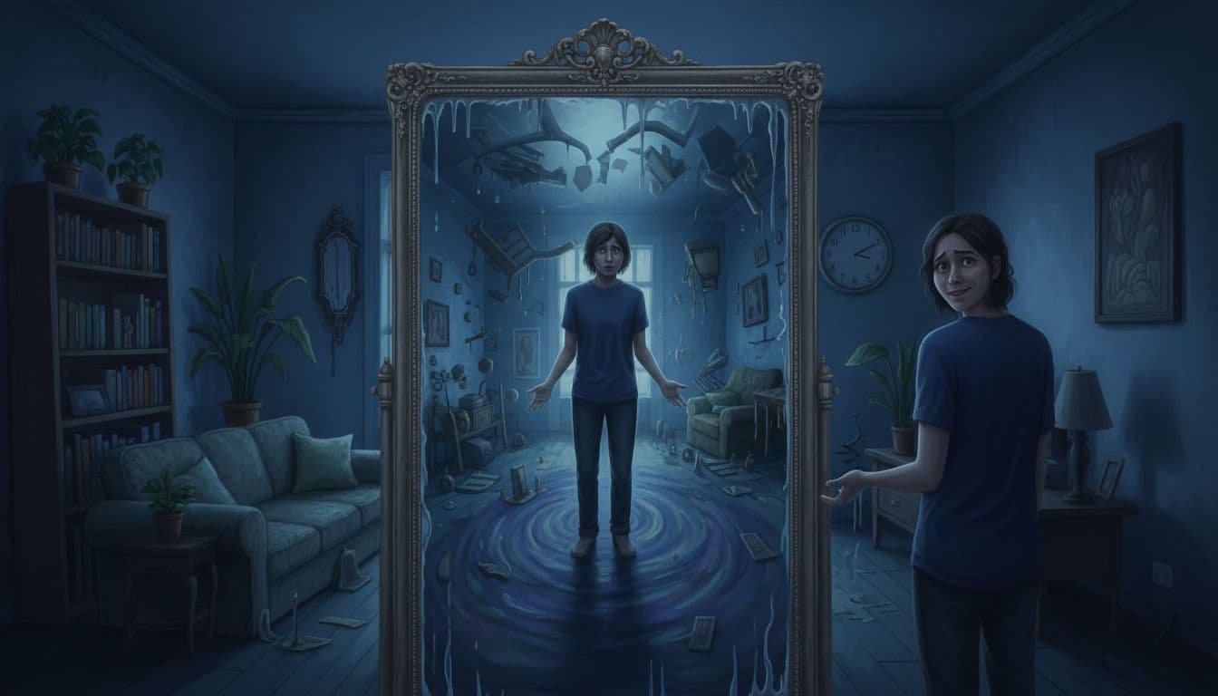 A single person stands puzzled before a warped mirror reflecting a twisted version of reality, with subtle surreal elements and moody blue lighting creating dreamlike distortion.