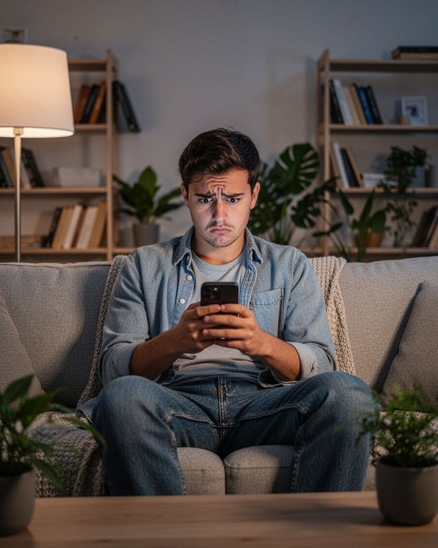 A young adult sits alone on a cozy couch in a modern living room under soft evening lamp light, staring intensely at a smartphone with a confused, furrowed brow expression while overthinking confusing texts.