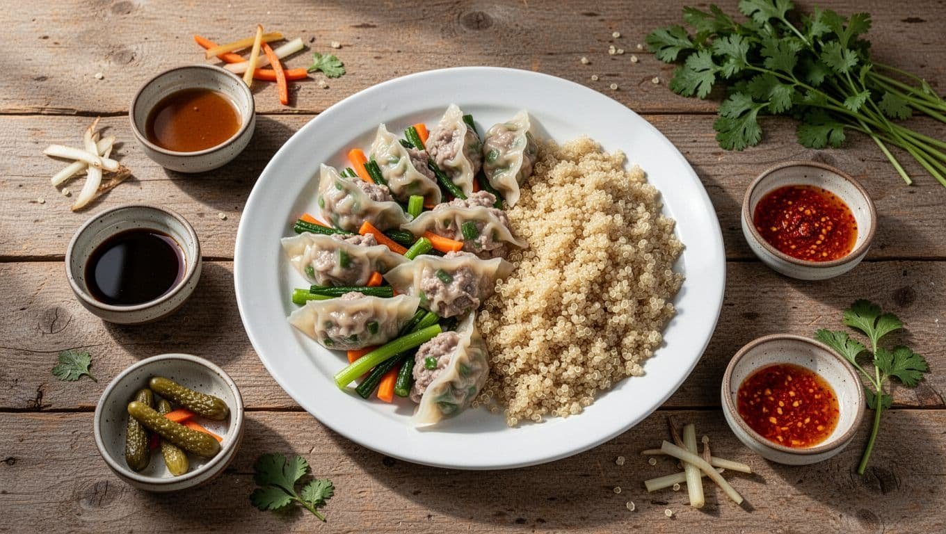 Overhead view of a quick dumpling platter on a large white plate, featuring steamed frozen vegetable and pork dumplings, cooked rice or quinoa, small bowls of soy ginger dip and chili oil, scattered pickled veggies and herbs, in soft natural daylight.