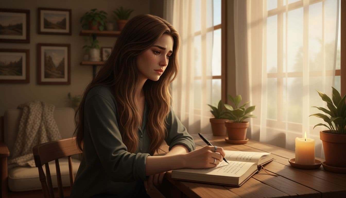 One person sits at a wooden desk with an open journal, writing reflectively with a calm emotional expression of quiet grief. Soft afternoon light through sheer curtains illuminates a cozy room with plants and a candle.