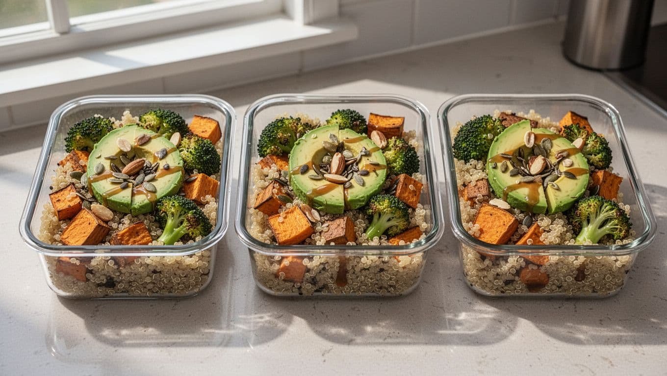 Three meal prep containers arranged on a kitchen counter filled with quinoa power bowls featuring a quinoa base, roasted sweet potatoes and broccoli, topped with avocado slices, nuts, seeds, and sauce drizzle. Realistic photo with soft natural light highlighting vibrant colors and textures.