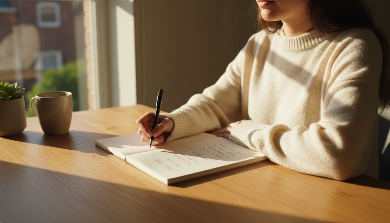 A single person at a wooden desk in a cozy sunlit room writes balanced lists labeled 'What I miss' and 'What I don't miss' in an open notebook, with a relaxed focused expression.