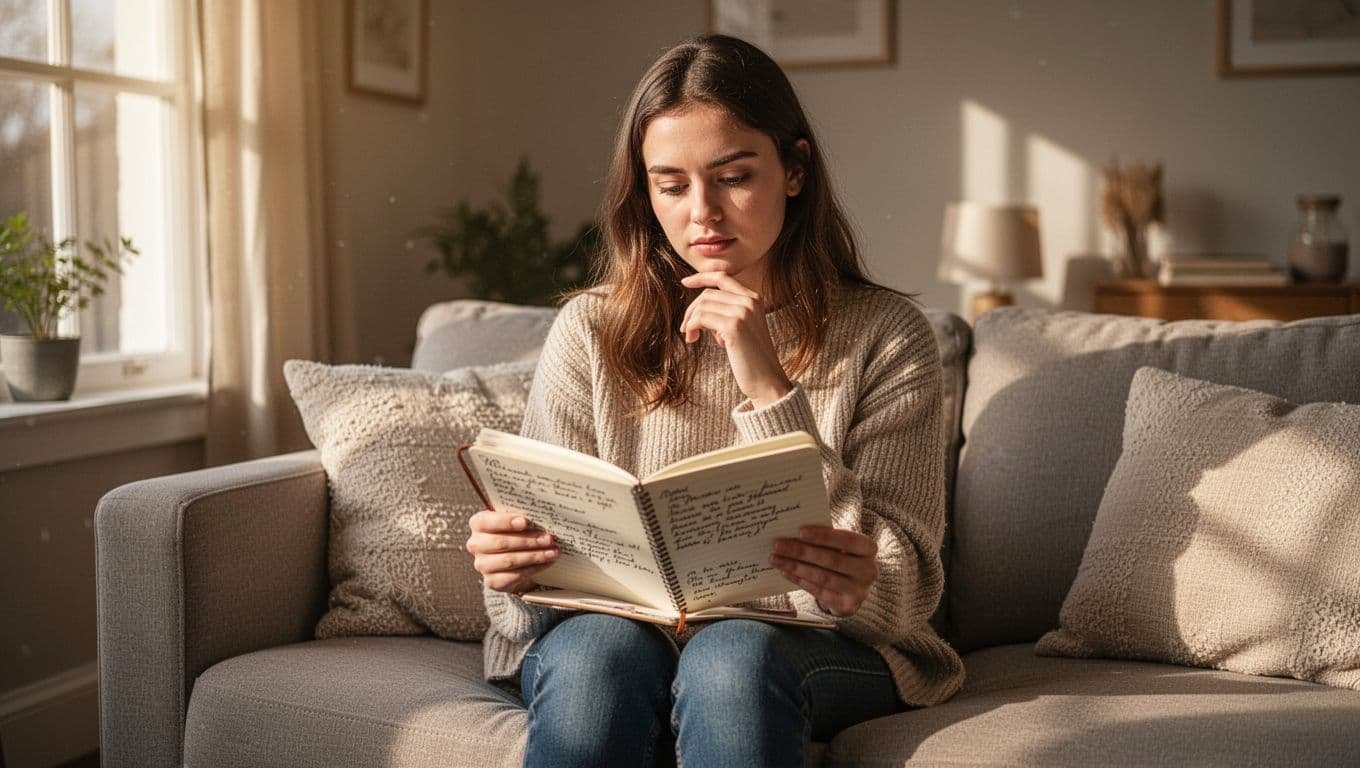 A thoughtful young woman sits alone in a cozy living room with soft natural light, holding an open notebook in her lap, reading her handwritten notes with a reflective expression, one hand touching her chin.