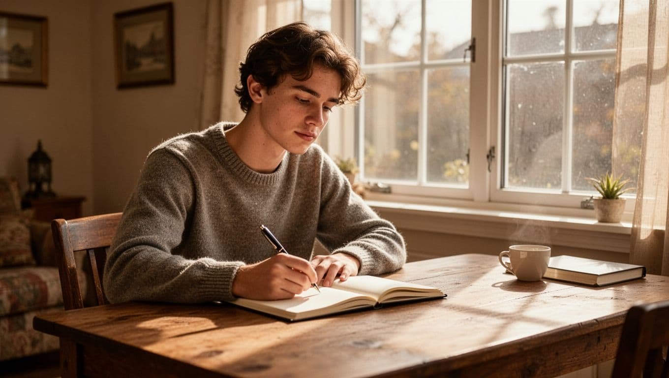 A young adult sits thoughtfully at a wooden desk by a large window in a cozy room, writing in an open notebook with a pen under soft natural afternoon light, capturing quiet reflection.