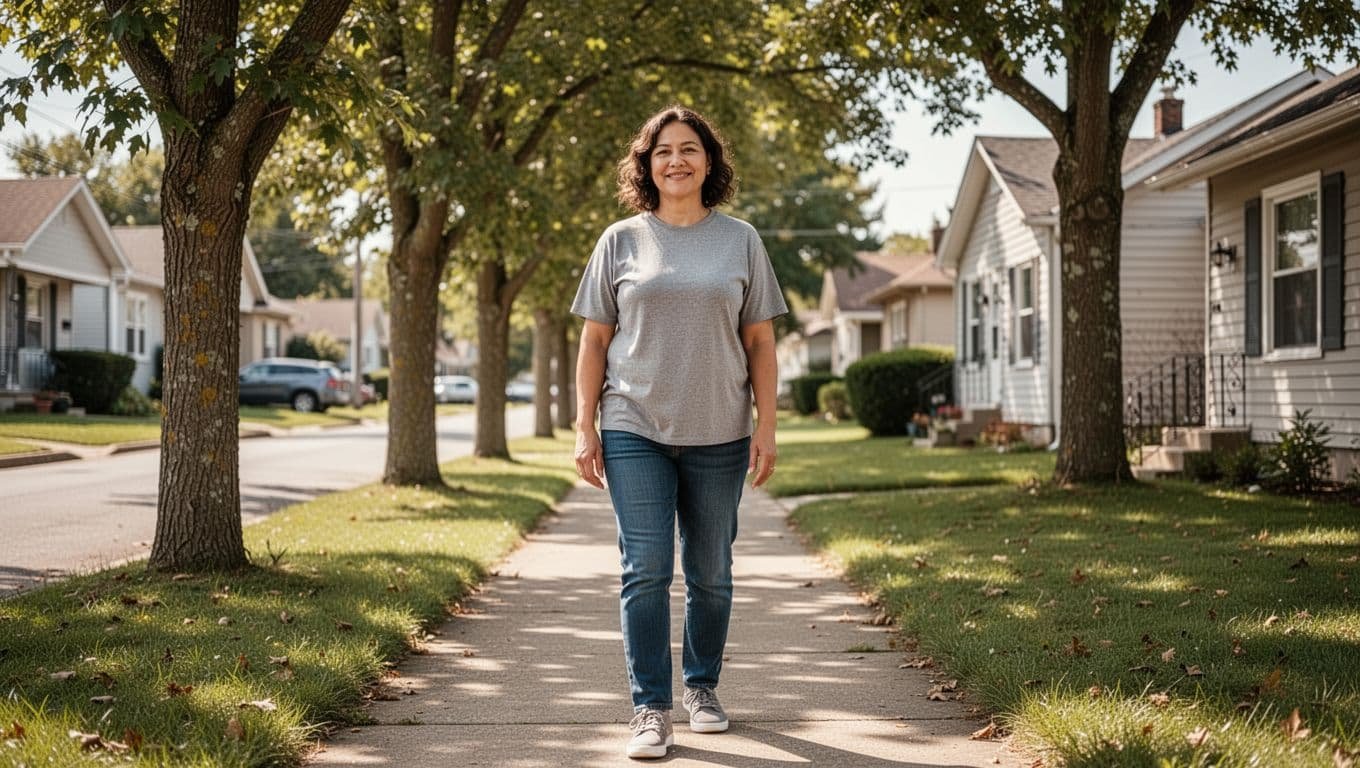 A relaxed adult in casual clothes begins a short neighborhood walk on a sunny sidewalk with trees and houses in the background, featuring natural posture, hands relaxed, and a gentle smile in realistic photo style with soft daylight.