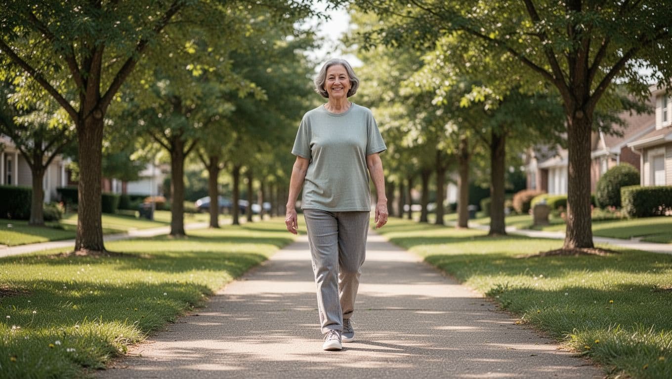 A single adult walks calmly on a sunny neighborhood path surrounded by lush green trees and grass, with a gentle smile conveying relaxation and positivity. Captured in realistic photo style with soft daylight lighting and natural posture.