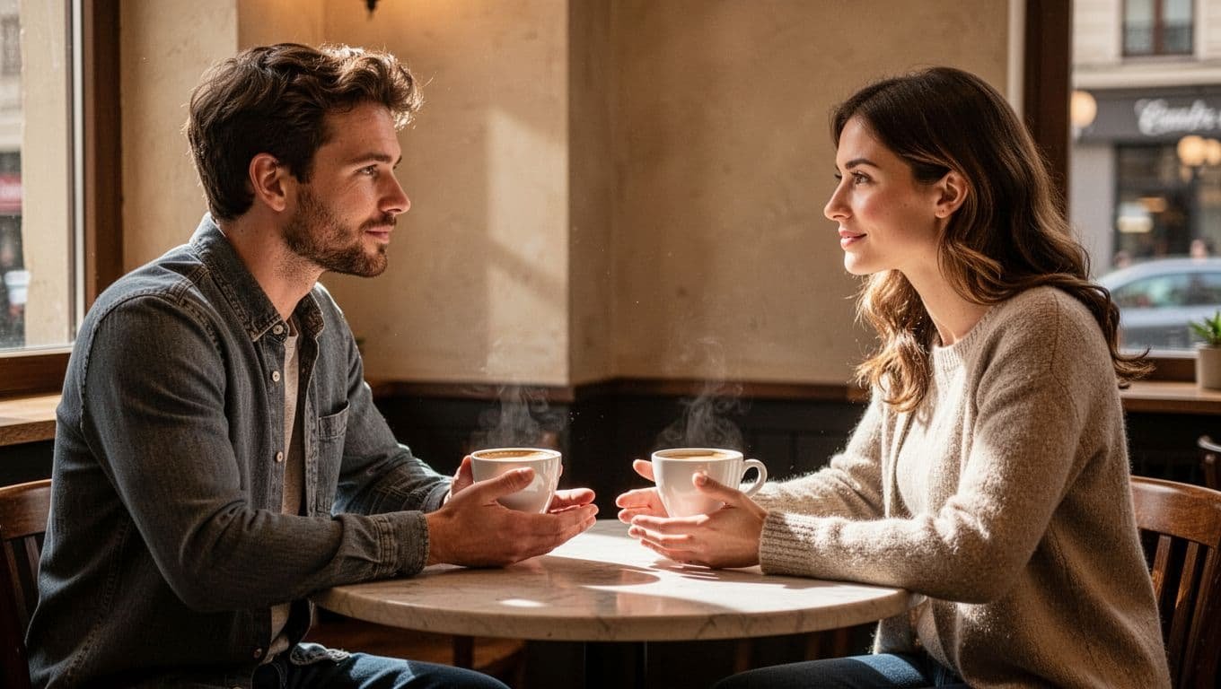 Mid-20s couple seated at a cozy cafe table with coffee cups, engaged in calm discussion with open palms facing up on table, relaxed facial expressions, subtle nods, warm ambient lighting from window, realistic photo.