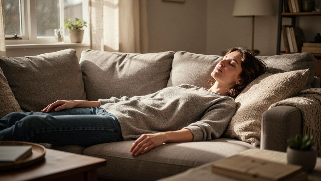 Person lies relaxed on couch in quiet living room, eyes closed, arms at sides, soft window light.