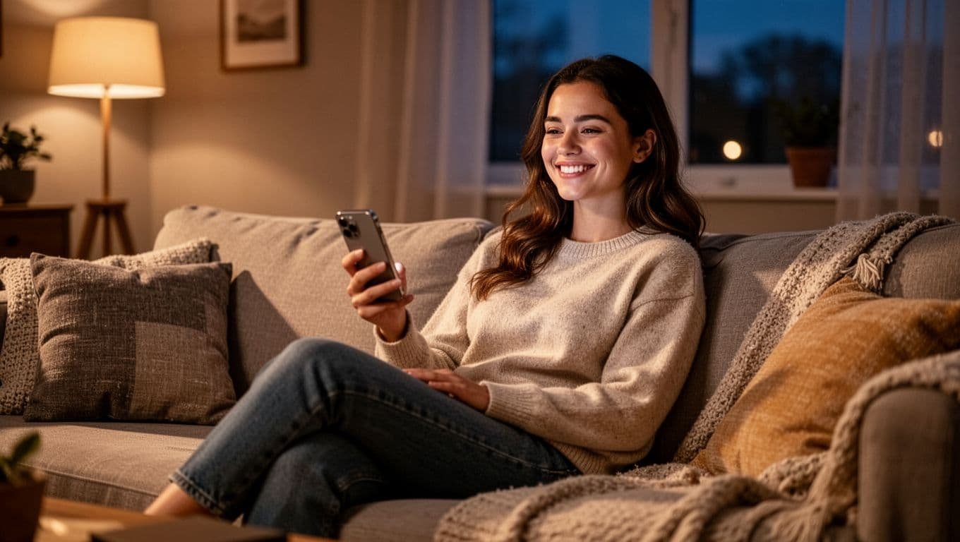 A mid-20s woman sits relaxed on a cozy couch in a softly lit evening living room, holding her phone loosely with a calm, content smile following a positive date, captured in a realistic photo with natural posture.