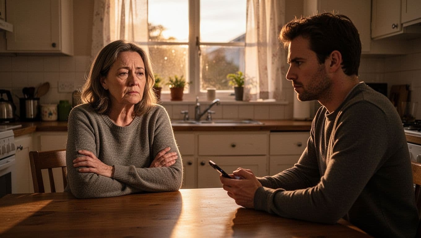 Middle-aged wife sits at kitchen table with arms crossed looking resigned, husband across table looks away dismissively.