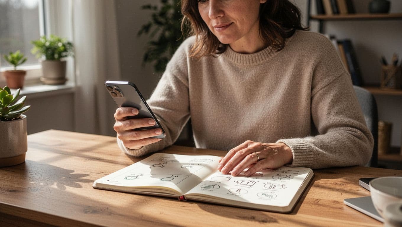 A focused person in a cozy home office sits at a wooden desk, reviewing a Screen Time usage report on their smartphone while an open notebook with habit tracking notes sits nearby, lit by natural daylight.