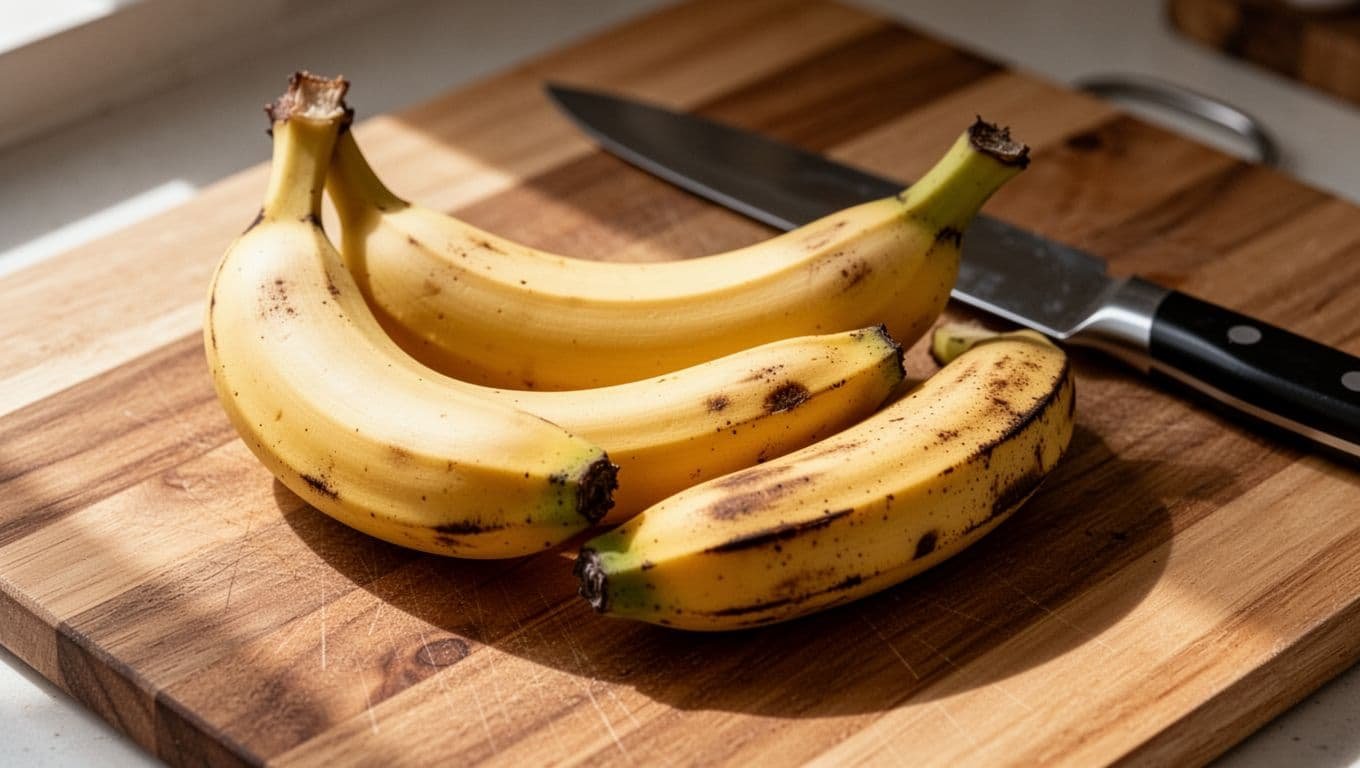 Close-up photorealistic image of a very ripe banana next to a less ripe one on a wooden cutting board with a knife, highlighting skin texture differences under soft natural light.