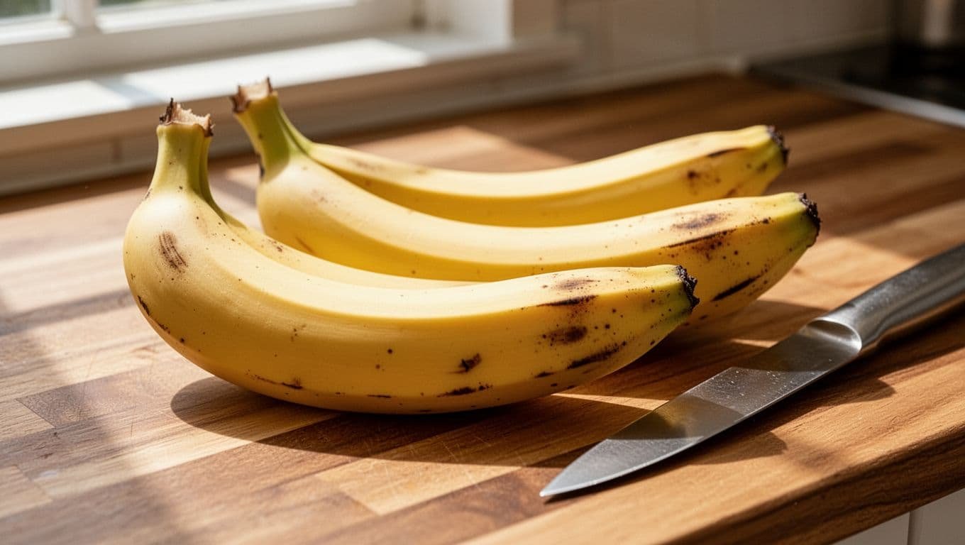 Close-up side view of exactly four ripe yellow bananas with a few brown spots for sweetness, firm texture on a wooden kitchen counter next to a knife, bright natural window light, photorealistic food photography.
