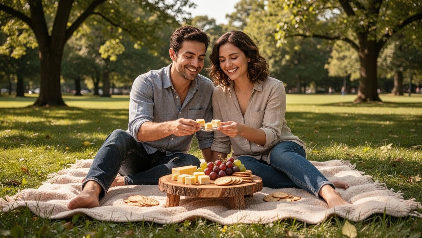 Couple on picnic blanket in sunny park shares cheese cubes, grapes, and crackers from wooden board.