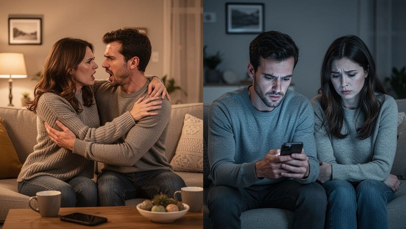 Split image: left shows couple arguing then hugging warmly in living room; right shows man checking phone ignoring sad woman over multiple scenes.