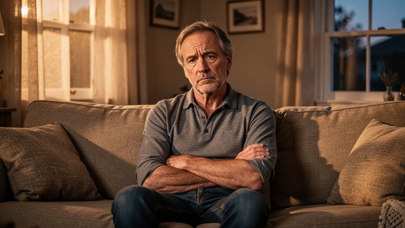 A man in his 40s sits alone on a living room couch at home, looking thoughtful with a slightly sad expression and arms crossed loosely, under soft warm evening lighting from a window. Realistic high-detail photograph illustrating a husband feeling emotionally hurt and withdrawn in marriage.