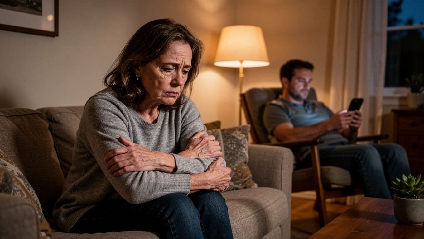 Middle-aged woman sits sadly on couch hugging herself, husband in background focused on phone.