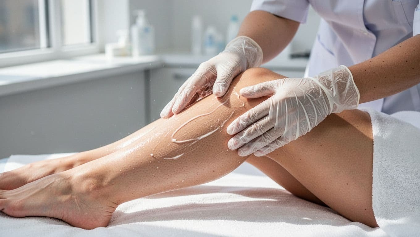 Professional dermatologist in a clean clinic performing gentle salicylic acid peel or microdermabrasion on a woman's lower leg, close-up view focusing on the treatment area with smooth improving skin.